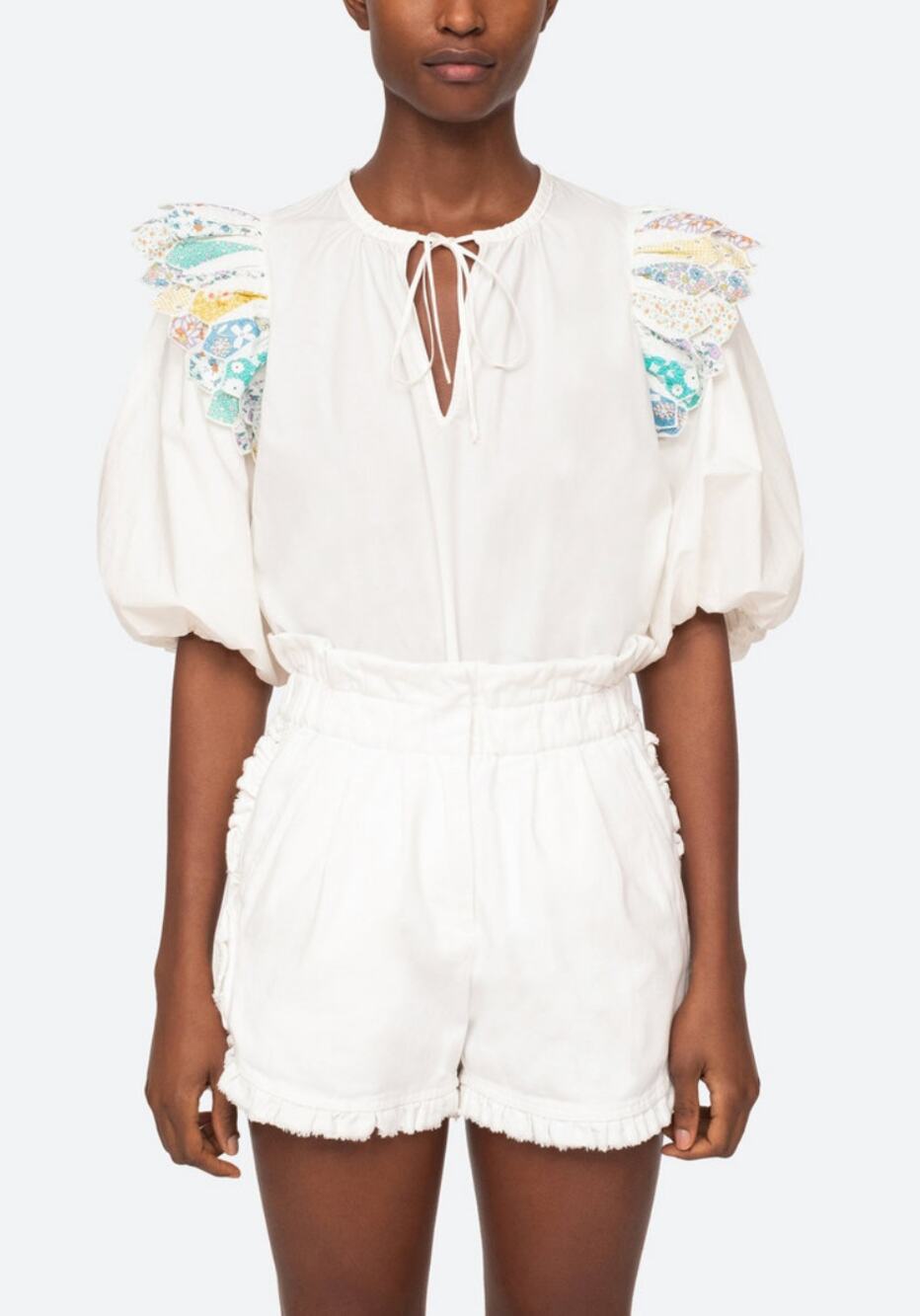Sea New York Linden Patchwork Cotton Top Blouse Puff Sleeve Tuckernuck NWT S